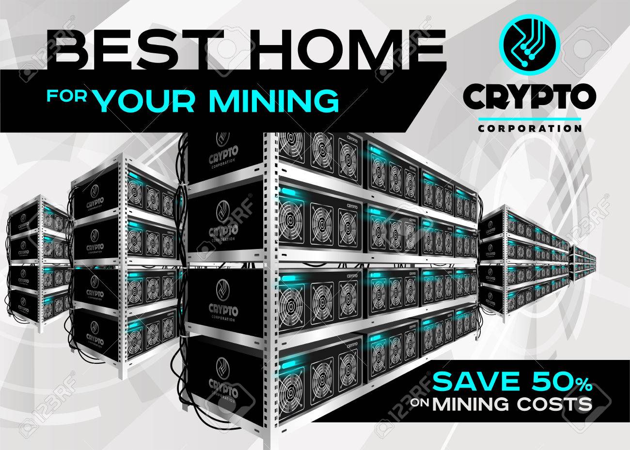 Detailed Vector Illustration Of Bitcoin Mining Farm In Perspective - 